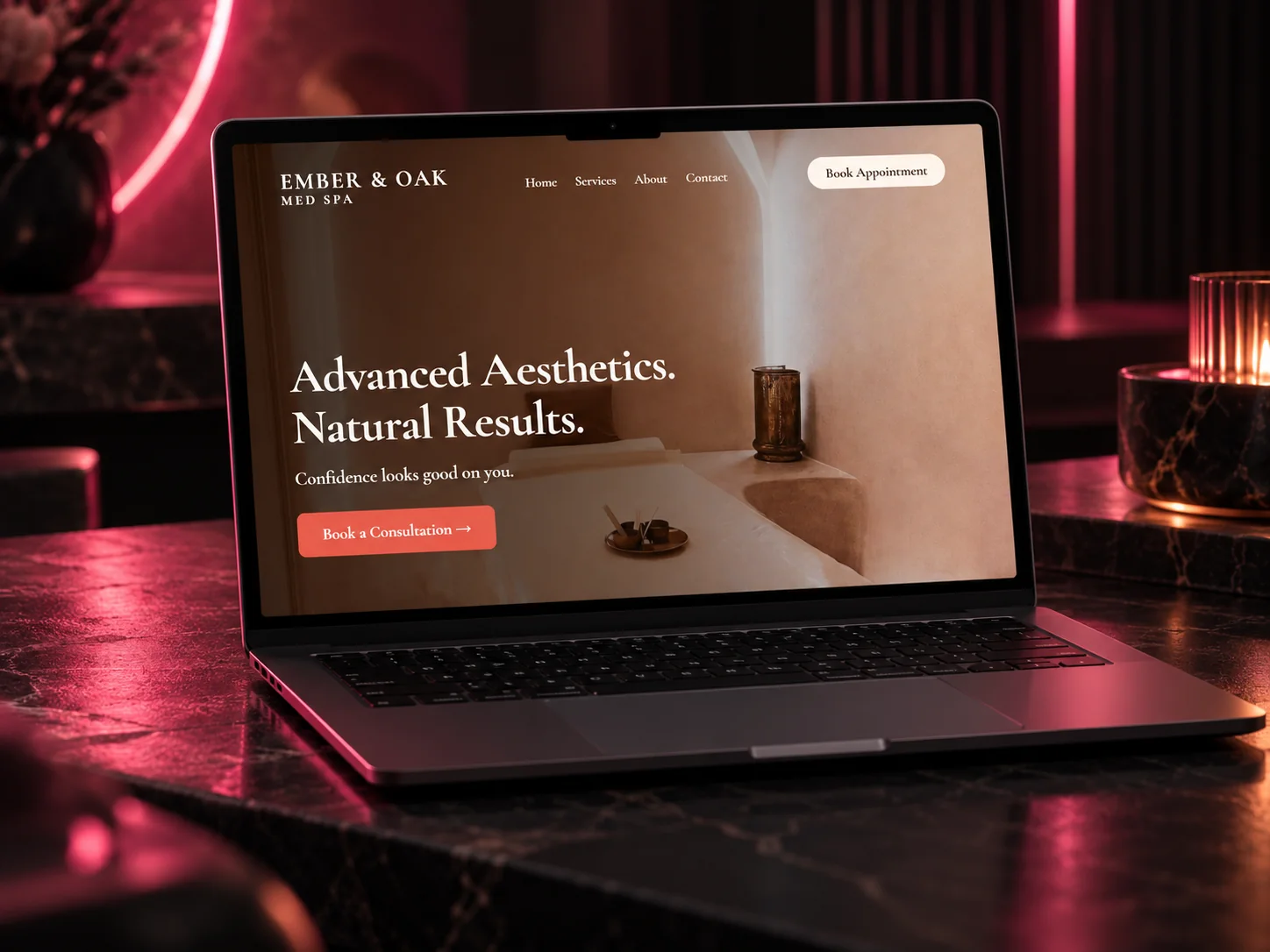A med spa website concept by Akira Digital, shown on a laptop on a dark marble table